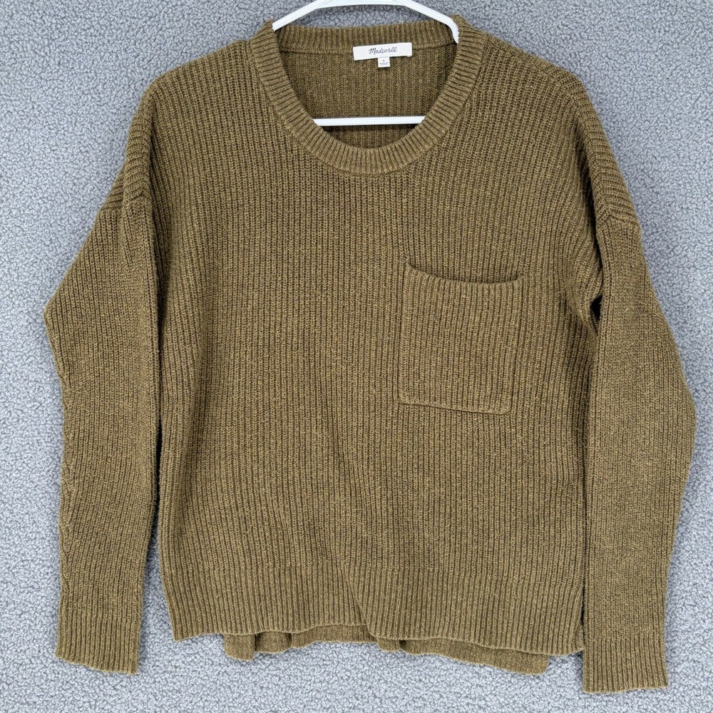 Madewell Womens Shaker Rib Knit Pocket Sweater Olive Green Cotton Blend Small
